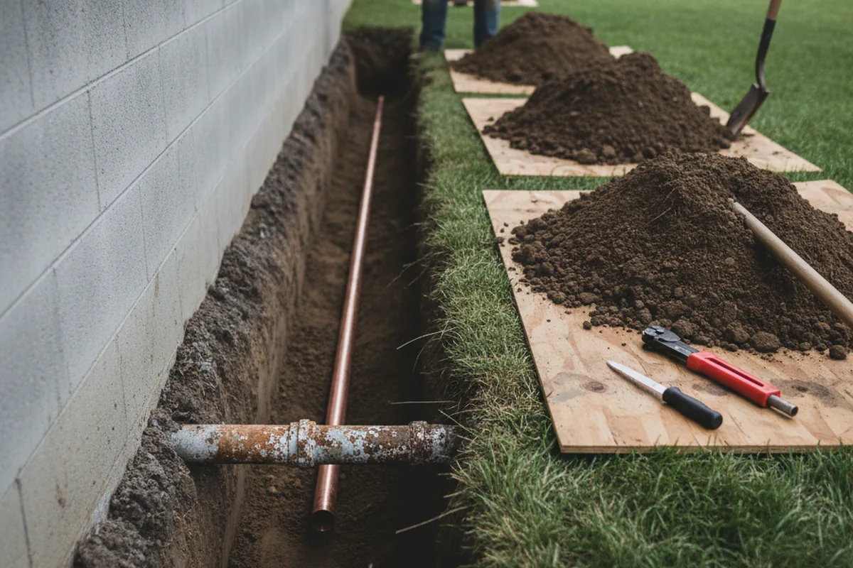 Excavated water line trench during Water Heater Repair in Piedmont